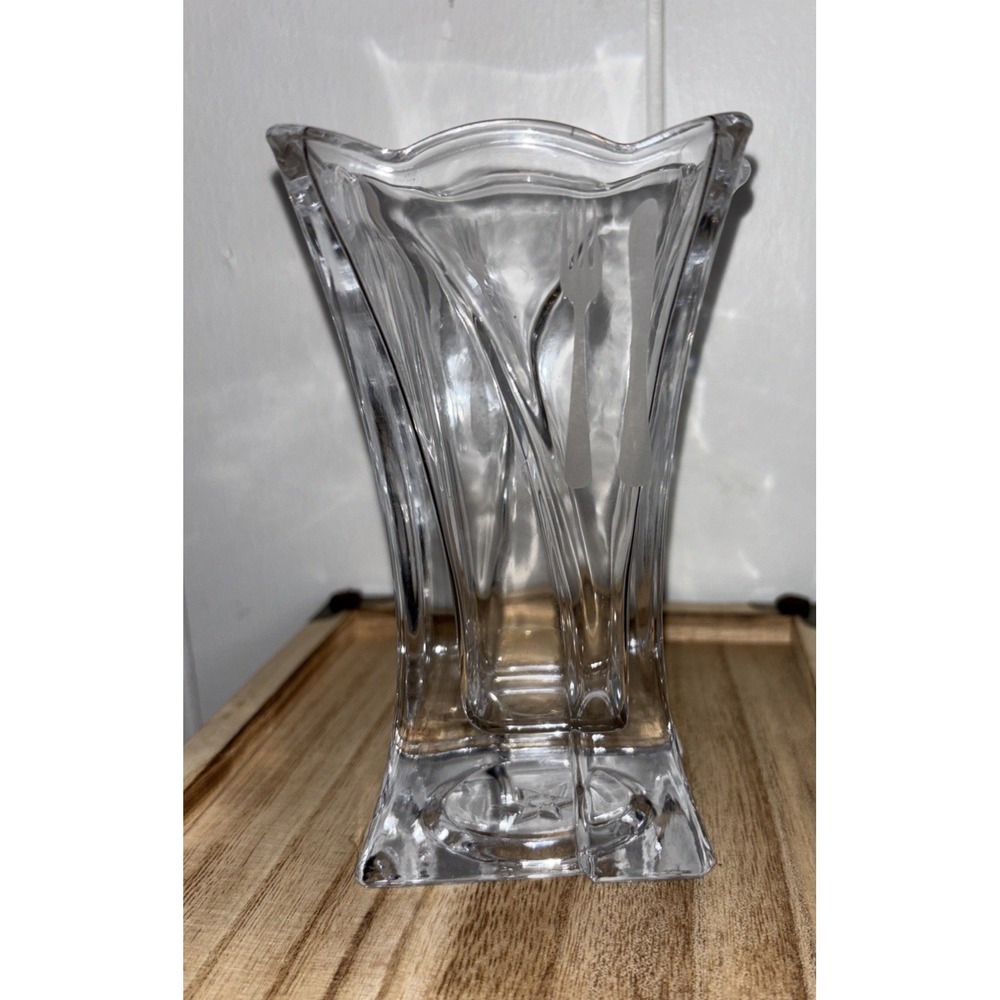 Vintage Glass Vase Rare 5" Fork and Knife Etched Design Made In France